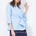 Casual Solid Color Bow Tie Front Blouse